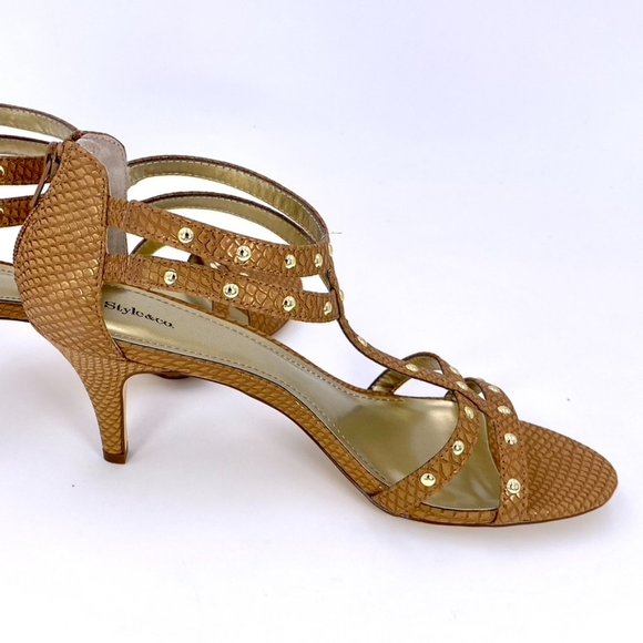 STYLE & COMPANY 9.5M LEVINE 3 INCH METALLIC CAMEL BROWN STUDDED STILETTOS - Picture 11 of 12